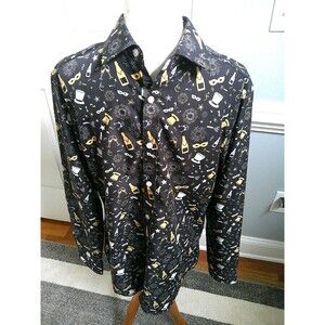 Simon Banks Black New Years Eve Print Long Sleeve Button Up Shirt Medium